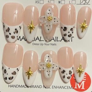 Nude & White Leopard French Press-On Nails with Gold Star Accents